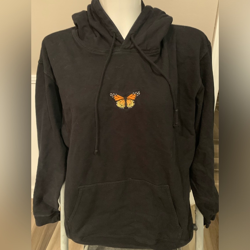 Black hoodie with monarch butterfly embroidery with front pocket